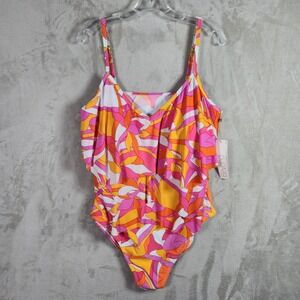 Beyond Control Womens 14 Pink Ruffle V-Neck One Piece Swimsuit LXIF24807 NEW